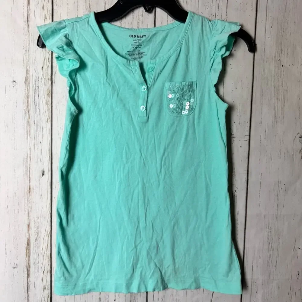Old Navy Kids Aqua Sequin Pocket  Short Ruffle Sleeve With button Detail Sz L